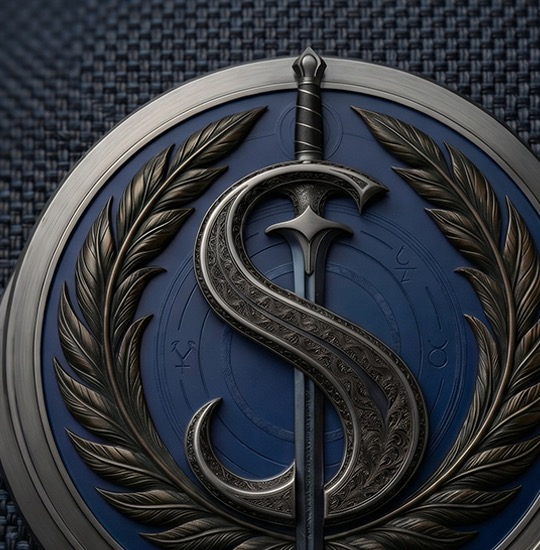 Sanders Legal Solutions sigil — gunmetal medallion with stylized S, dagger, crescent moon, laurel wreath